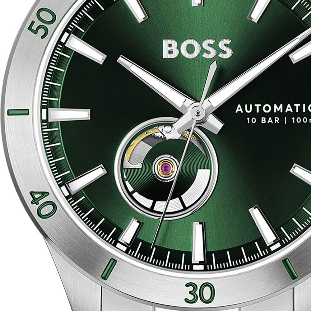 BOSS Troper Automatic 42mm Green Open Heart Dial Steel Bracelet Watch image number 2