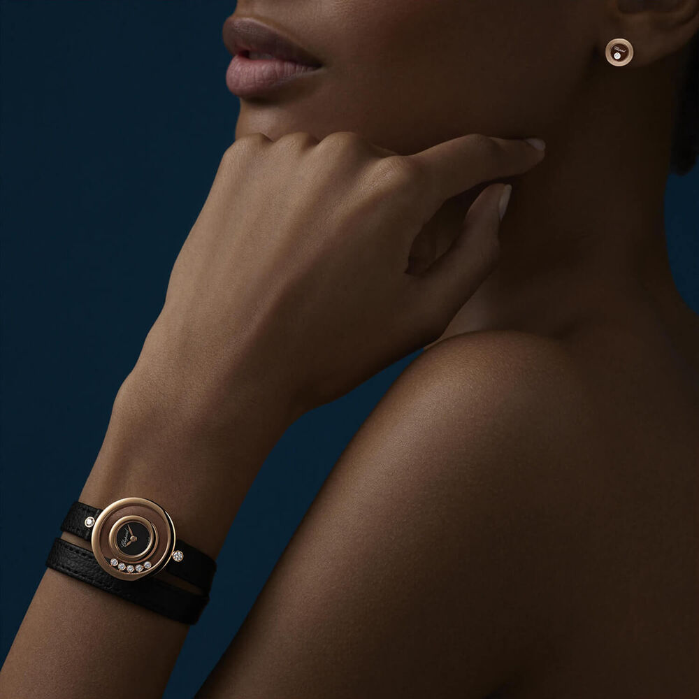 Chopard Happy Diamonds 26mm Black Dial Rose Gold Plated Case Leather Strap Watch image number 3