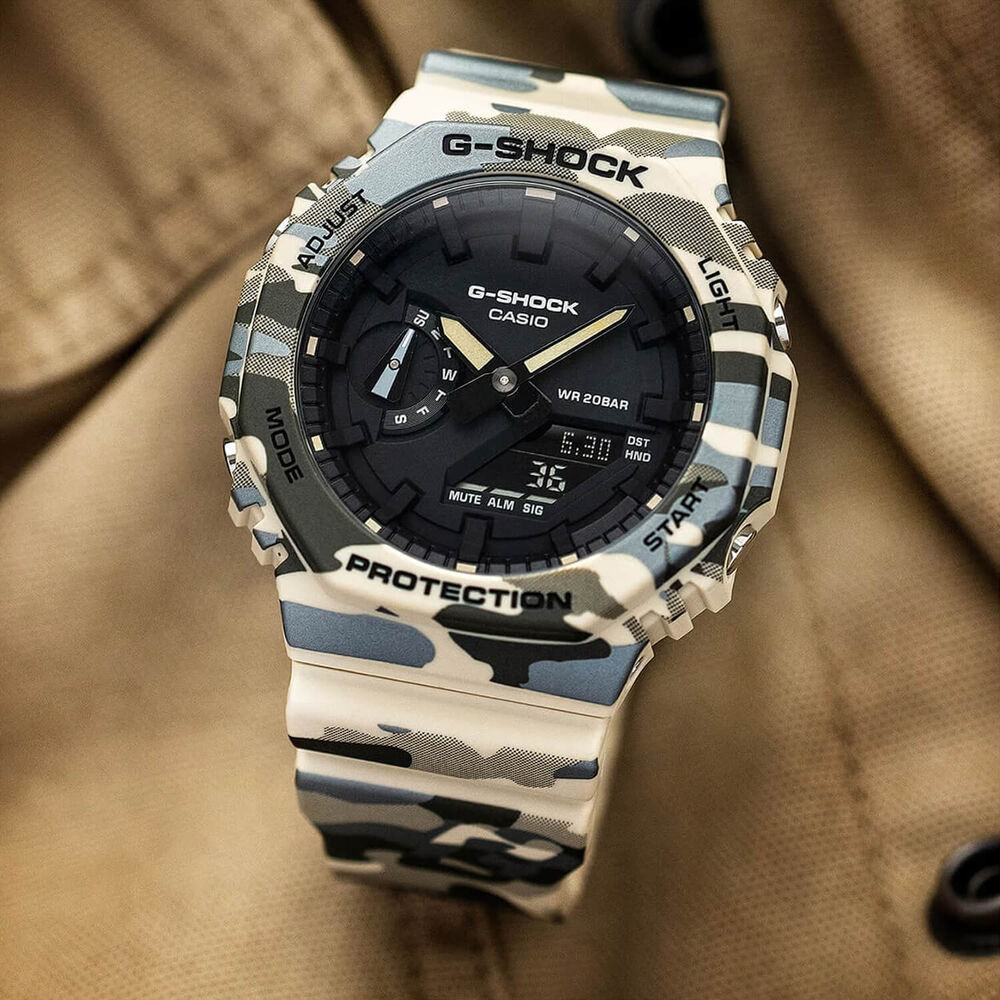 G-SHOCK Classic GA-2100 Series 48.5mm Black Dial Beige & Gray Camouflage Resin Strap Watch
