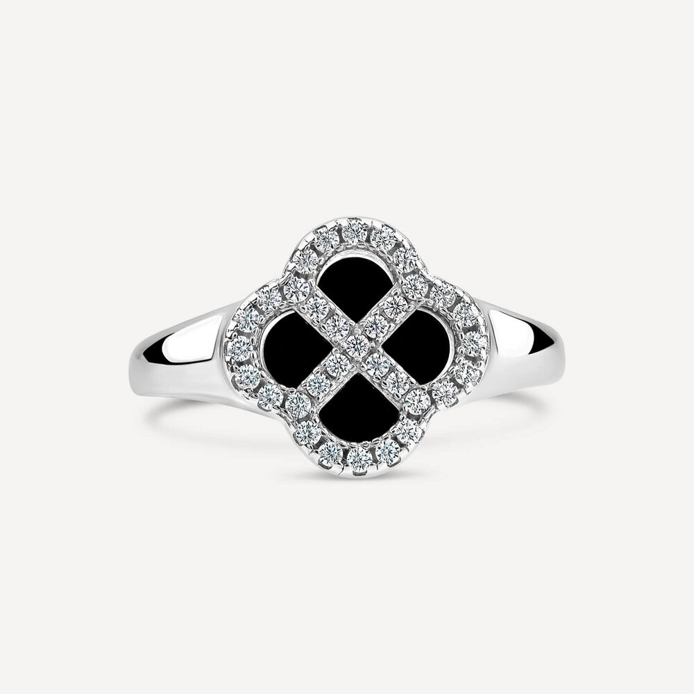 Sterling Silver Black Centre Cubic Zirconia Clover Petal Ring
