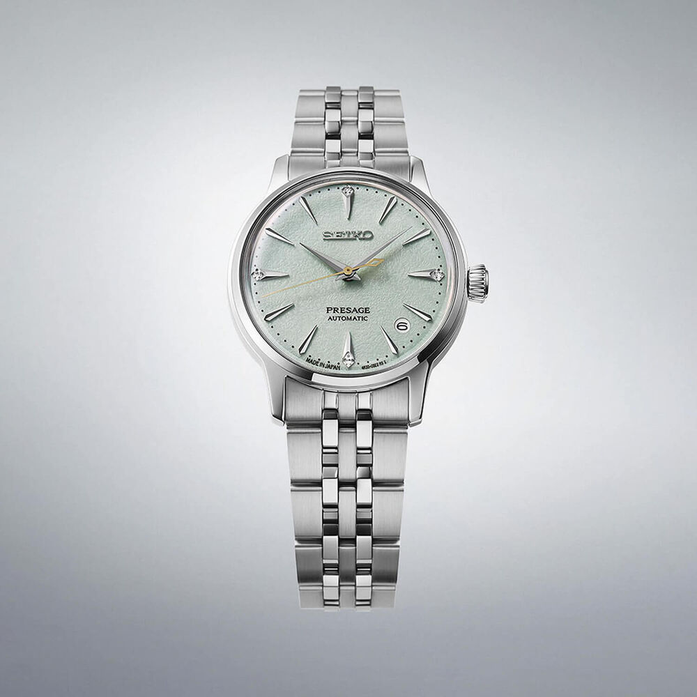 Seiko Presage 'Frozen Mojito' Diamond Cocktail Time 34mm Green Dial Steel Bracelet Watch image number 3
