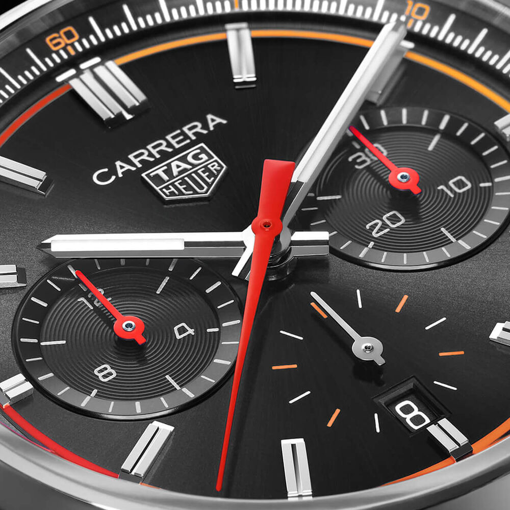 TAG Heuer Carrera Chronograph 42mm Black Dial Red Details Leather Strap Watch image number 2