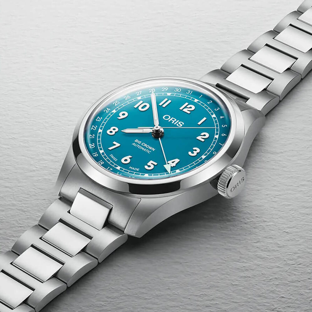 Oris Big Crown Pointer Date 40mm Turquoise Blue Dial Steel Bracelet Watch image number 3