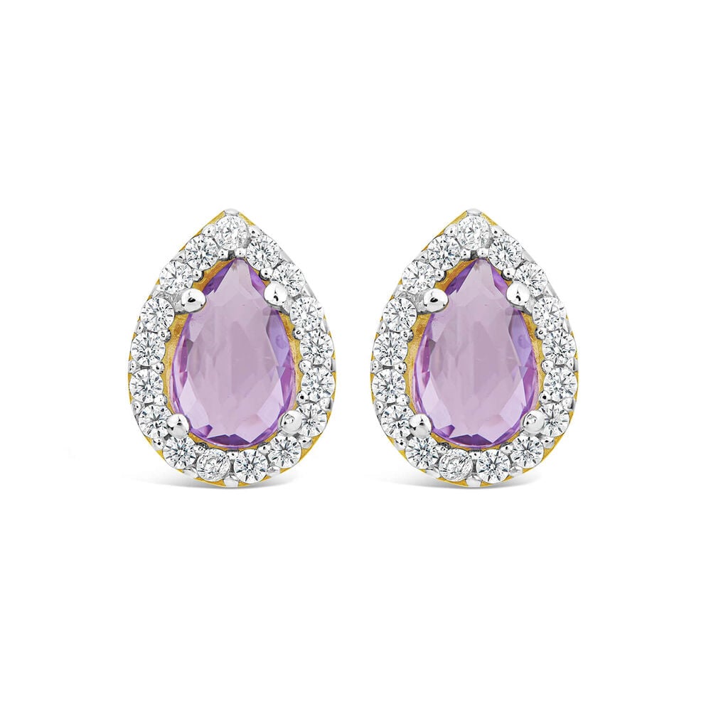 9ct Yellow Gold Pear Amethyst & Cubic Zirconia Stud Earrings image number 0