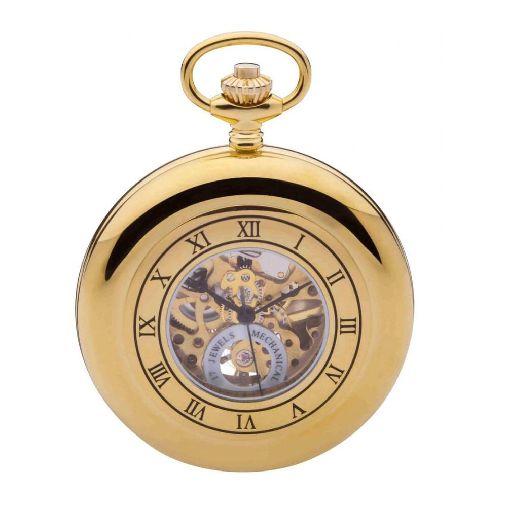 Jean Pierre Yellow Gold Plated Mechanical Double Half Hunter Heartbeat Window Pocket Watch