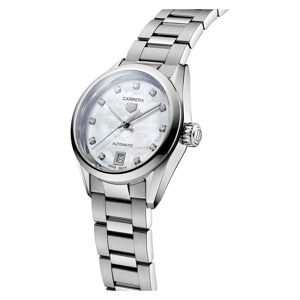 TAG Heuer Carrera 29mm Mother of Pearl Diamond Dot Dial Steel Case Bracelet Watch image number 1