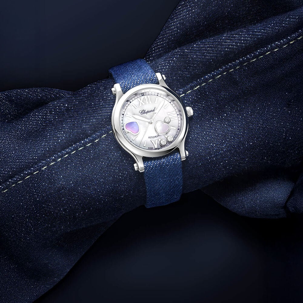 Chopard Happy Heart 33mm Mother of Pearl Dial Blue Denim Strap Watch
