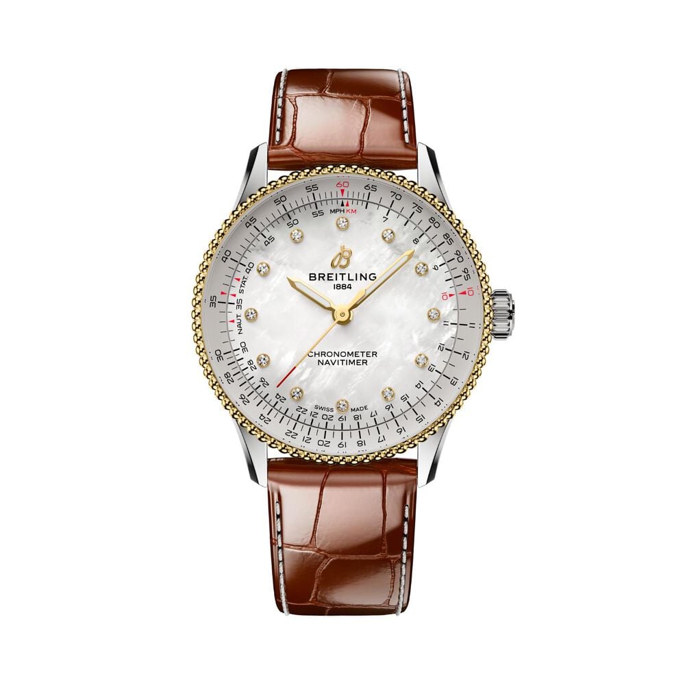 Breitling Navitimer Automatic 36mm White MOP Dial Brown Leather Strap Watch