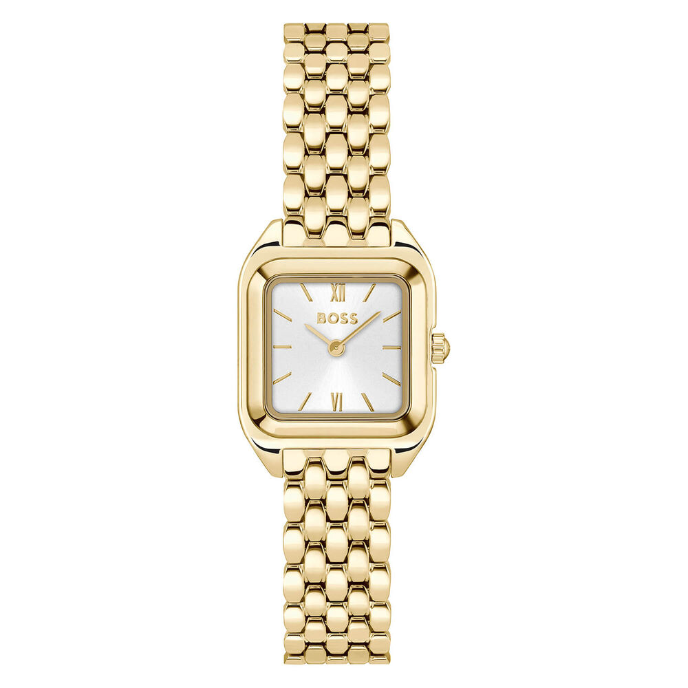 BOSS Mae Petite 22mm Square Silver Dial Gold Tone Steel Bracelet Watch image number 0