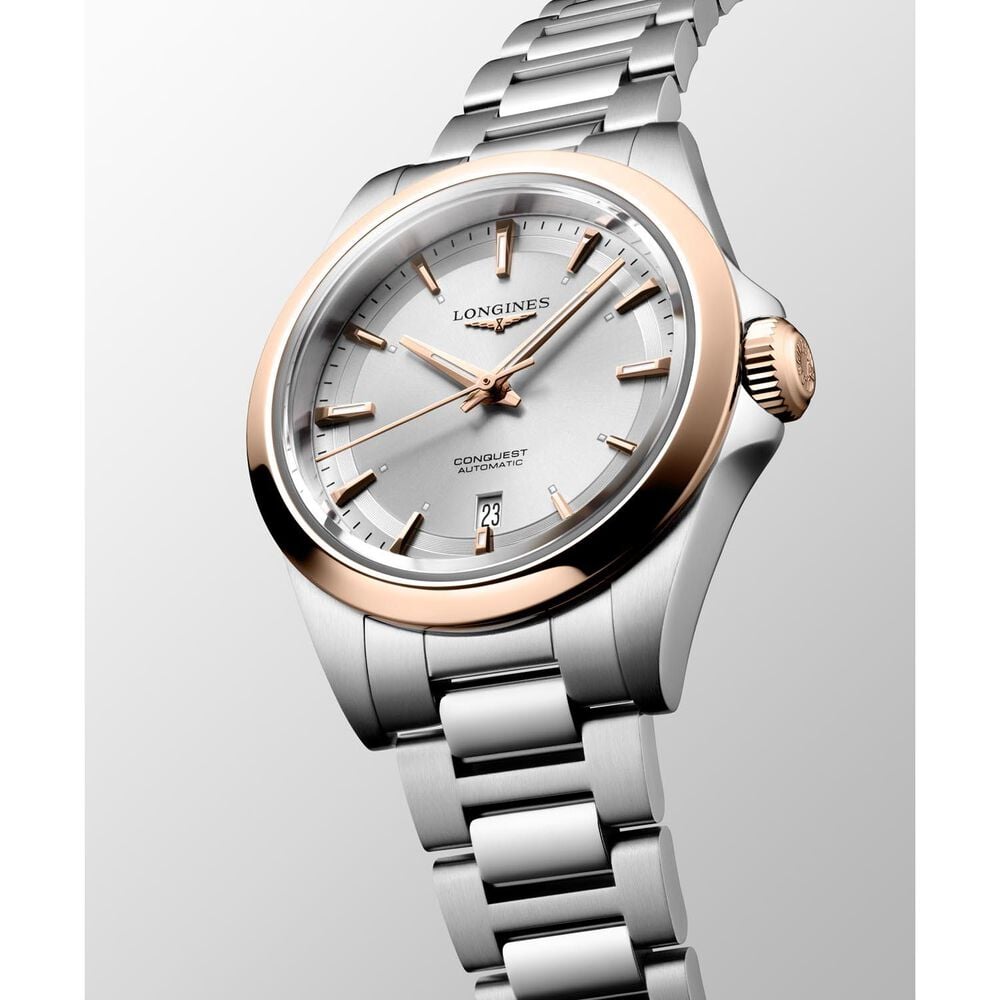 Longines Conquest 30mm Silver Dial 18ct Rose Gold Bezel Steel Bracelet Watch image number 1