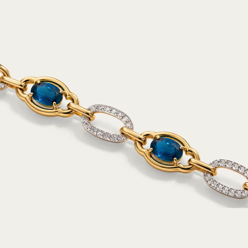 Sterling Silver Yellow Gold Plated Vermeil Oval Sapphire Lab Grown Diamond Set Link Bracelet