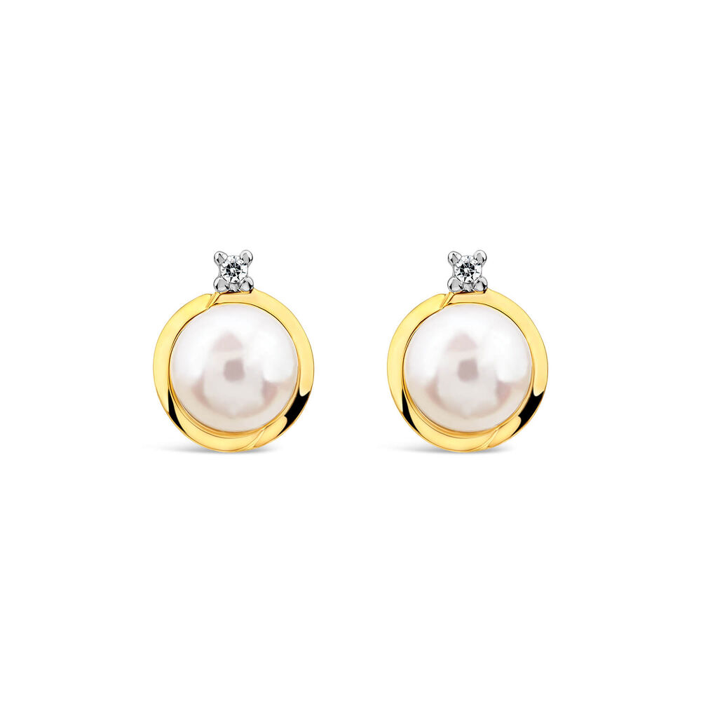 9ct Yellow Gold Diamond Top Freshwater Pearl Gold Rim Stud Earrings image number 0