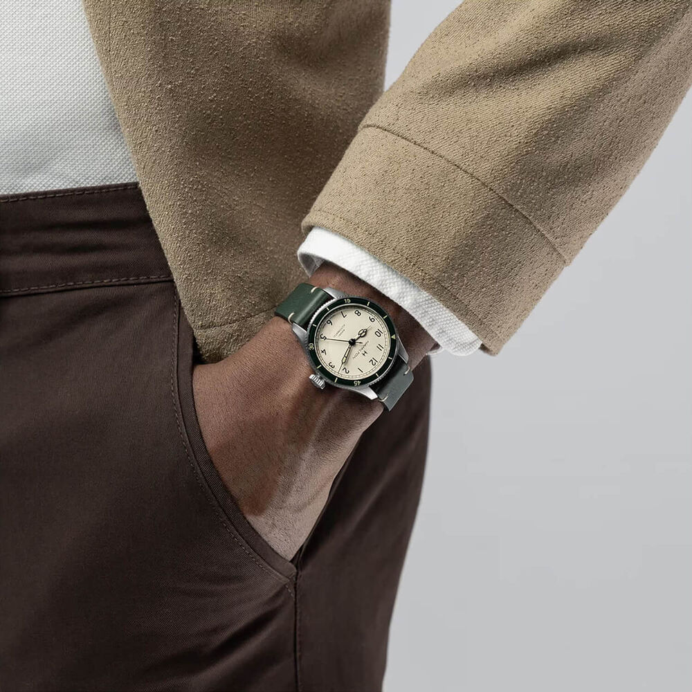 Khaki Aviation Pilot Pioneer 38mm White Dial Green Leather Strap Watch image number 6