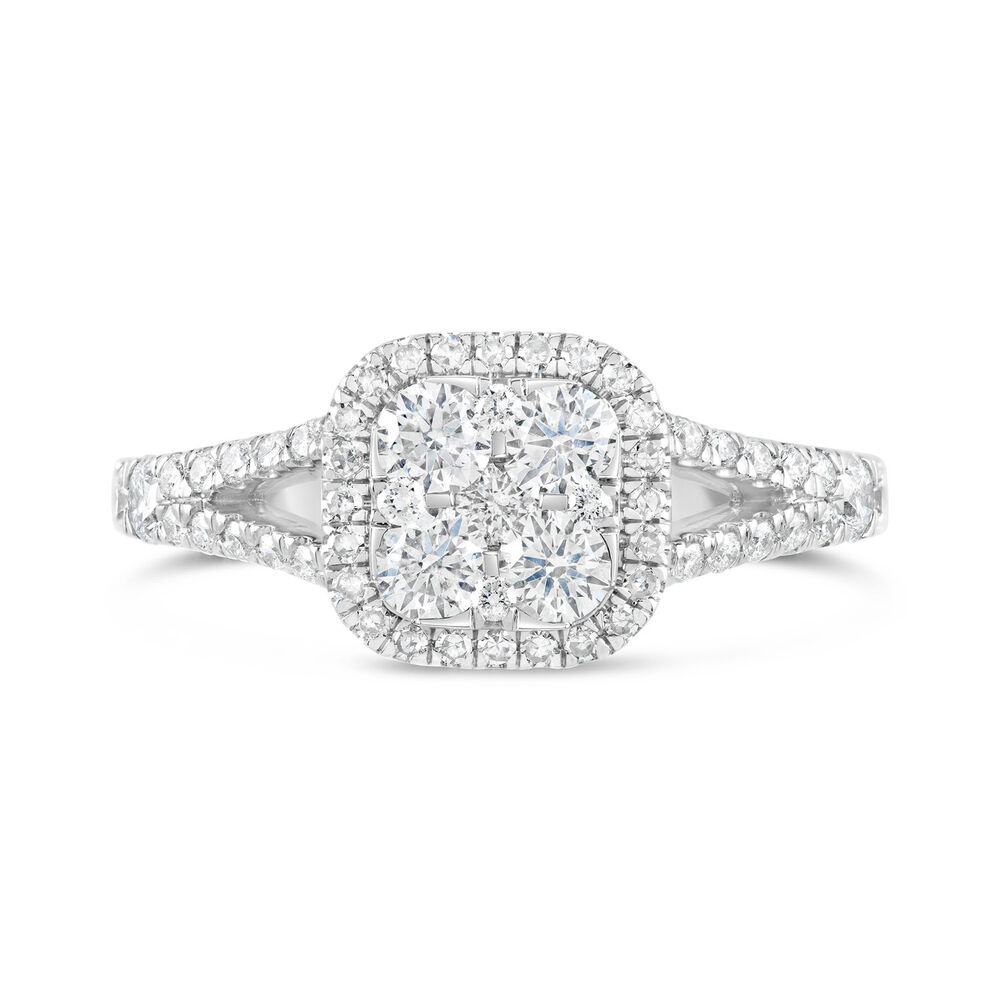 Platinum 1.00ct Diamond Cushion Cluster Split Shoulder Ring