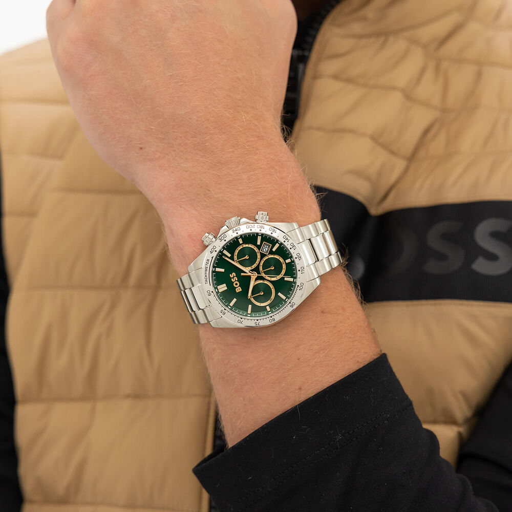 BOSS Hero 2.0 Chronograph 43mm Green Dial Stainless Steel Bracelet Watch image number 5