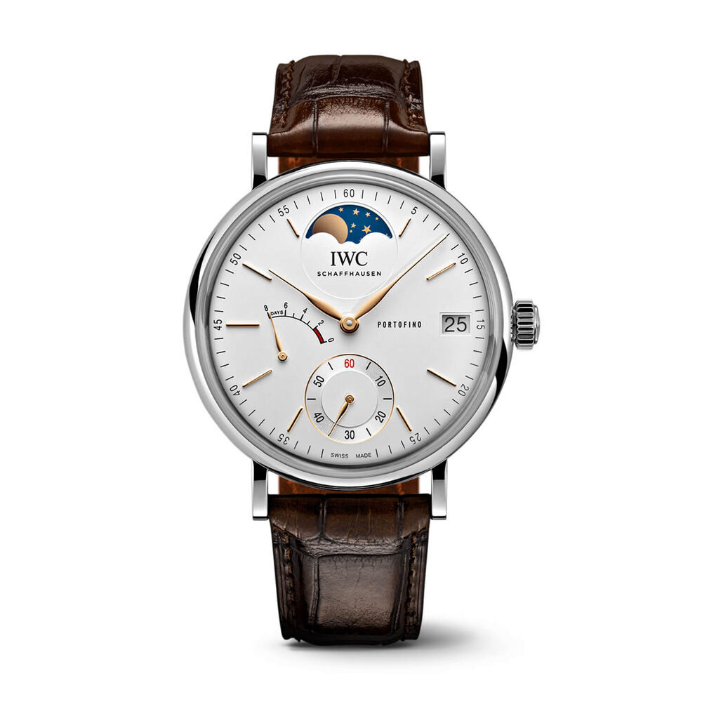 IWC Schaffhausen Portofino Hand-Wound Moon Phase Silver Dial Brown Strap Watch image number 0