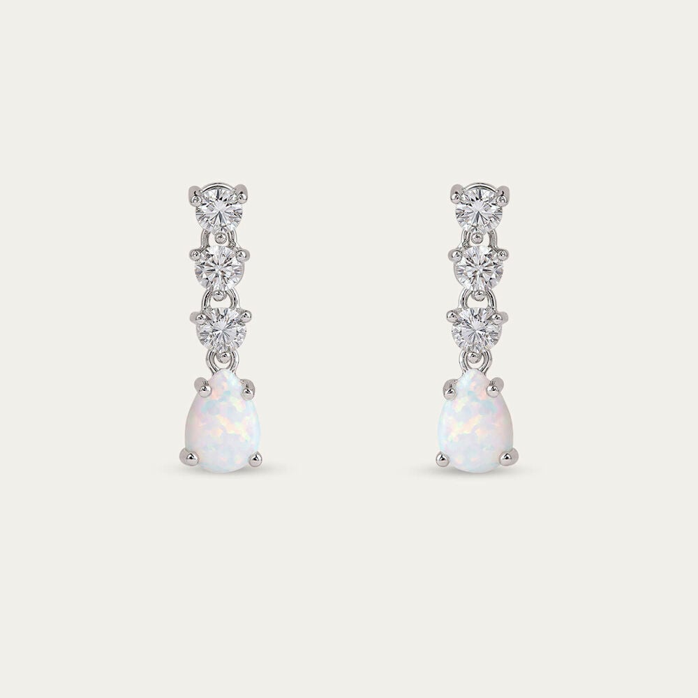Sterling Silver Pear Opal 3 White Cubic Zirconia Top Drop Earrings