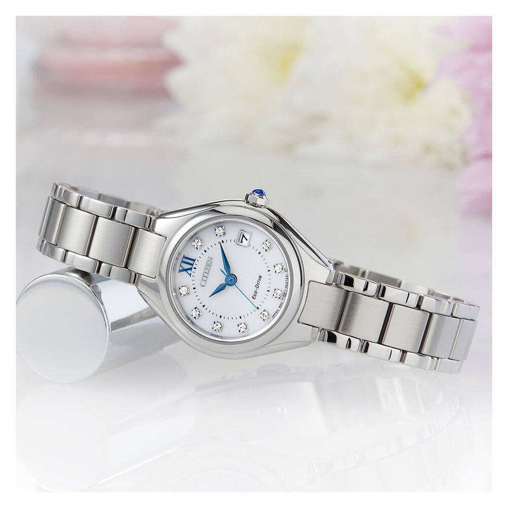 Citizen Eco Drive White Diamond Dot Dial Steel Case Bracelet Watch