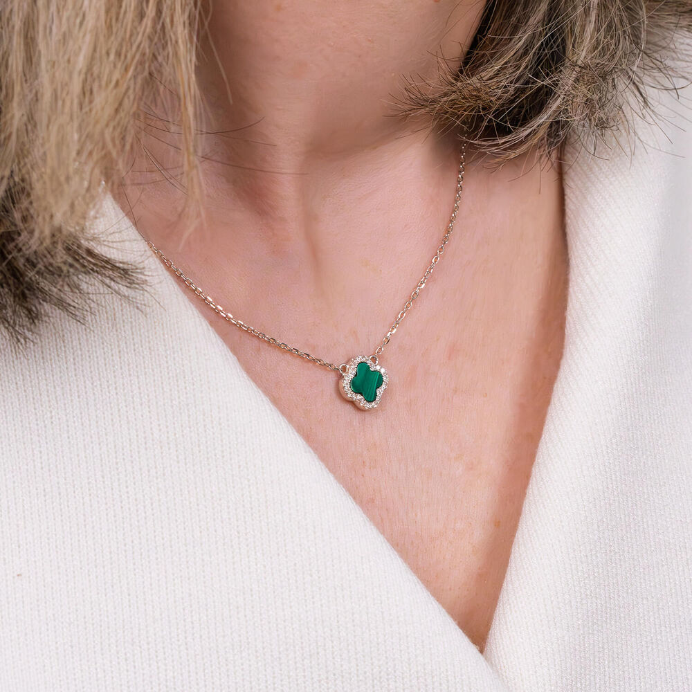 Sterling Silver Malachite & Cubic Zirconia Clover Petal Necklet