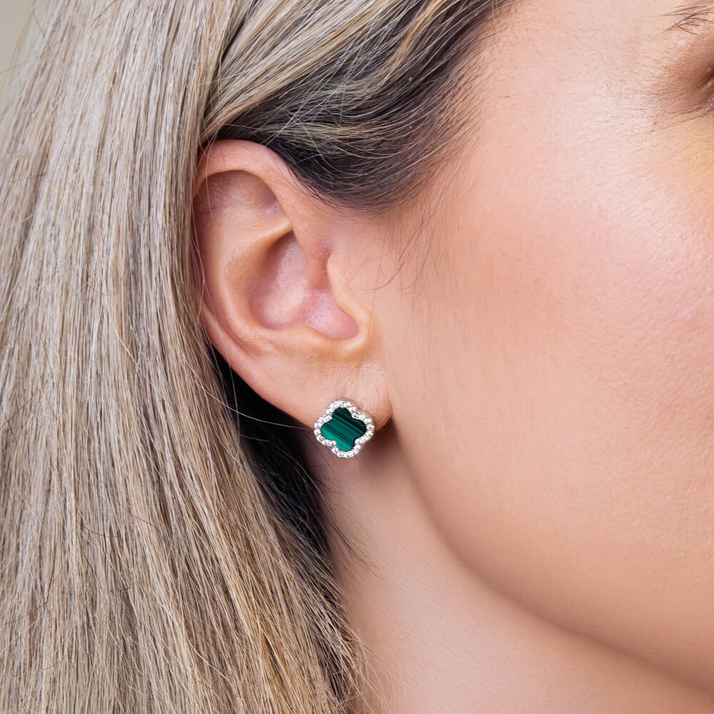 Sterling Silver Malachite & Cubic Zirconia Clover Petal Stud Earrings