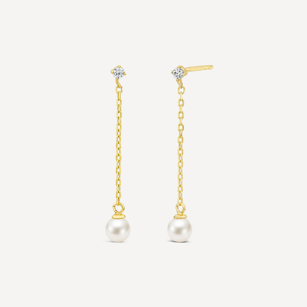 9ct Yellow Gold Cubic Zirconia Top & Chain Pearl Drop Earrings