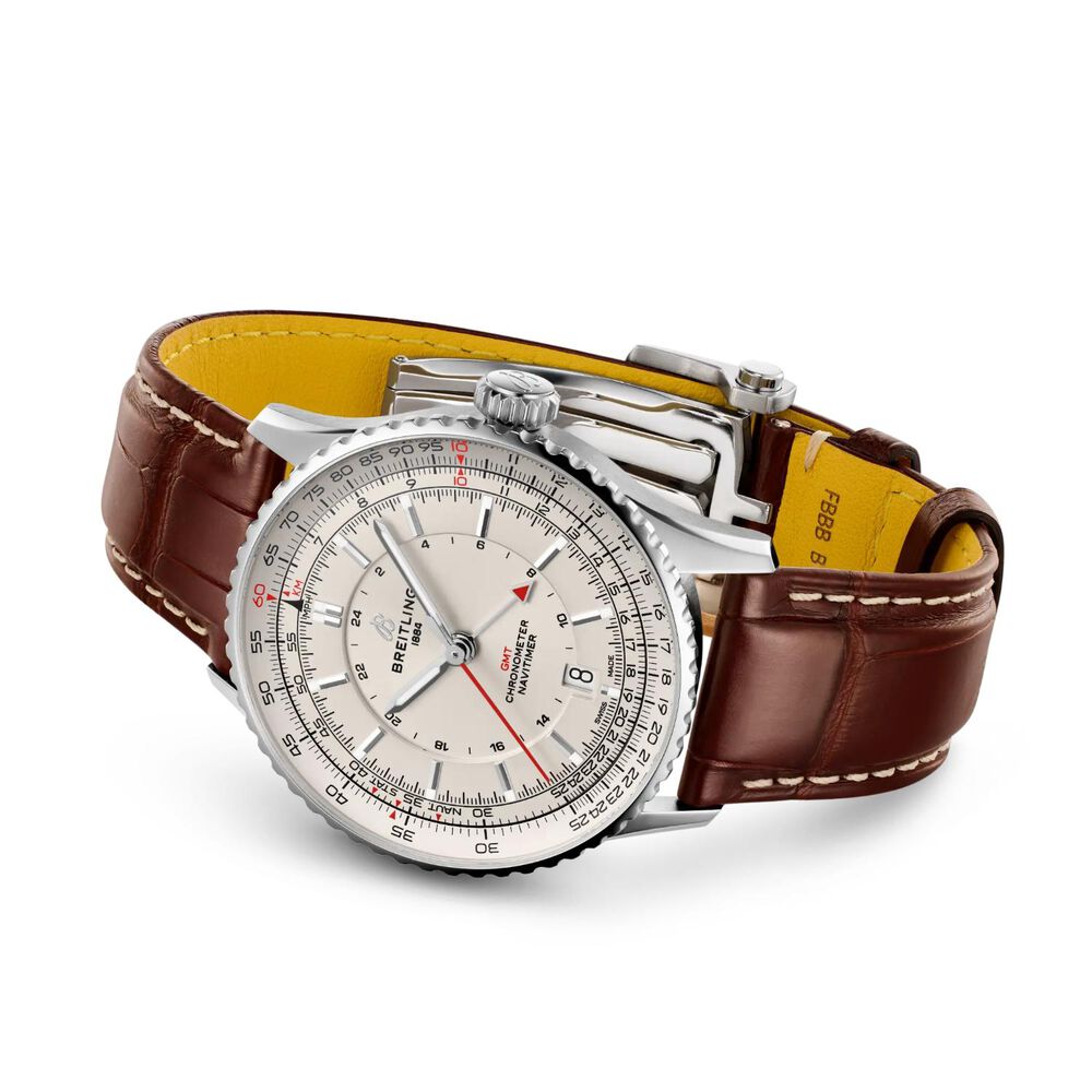 Breitling Navitimer Automatic GMT 41mm Silver Dial Brown Leather Strap Watch image number 2