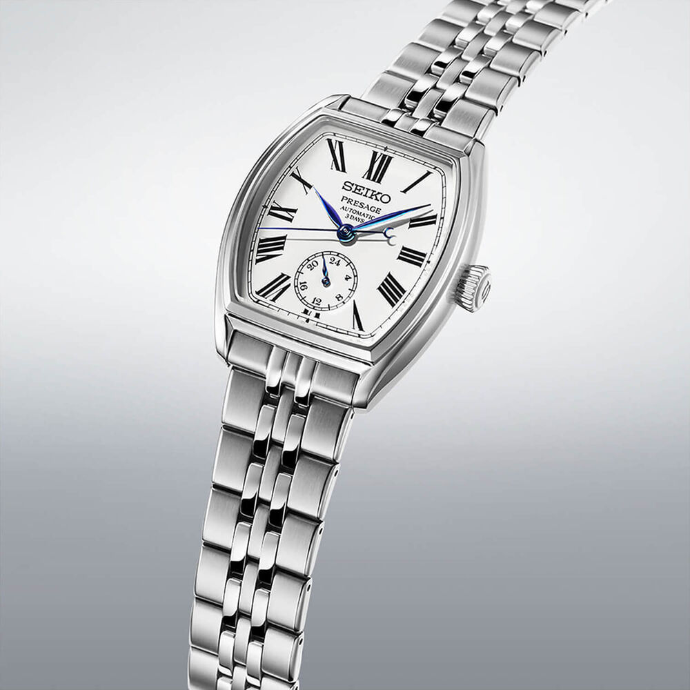 Seiko Presage Classic Series Enamel &lsquo;Tonneau&rsquo; 36mm White Dial Steel Bracelet Watch