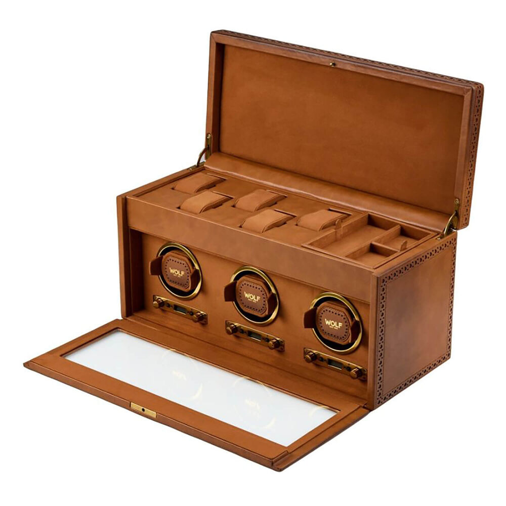 WOLF Brogue Burnished Brown Triple Watch Winder With Storage