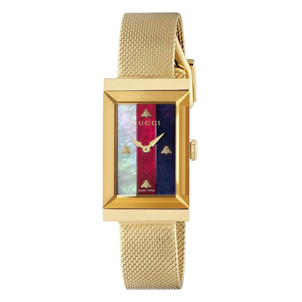 Gucci G-Frame 34mm Cream & Red & Blue Dial Yellow PVD Case Watch image number 0
