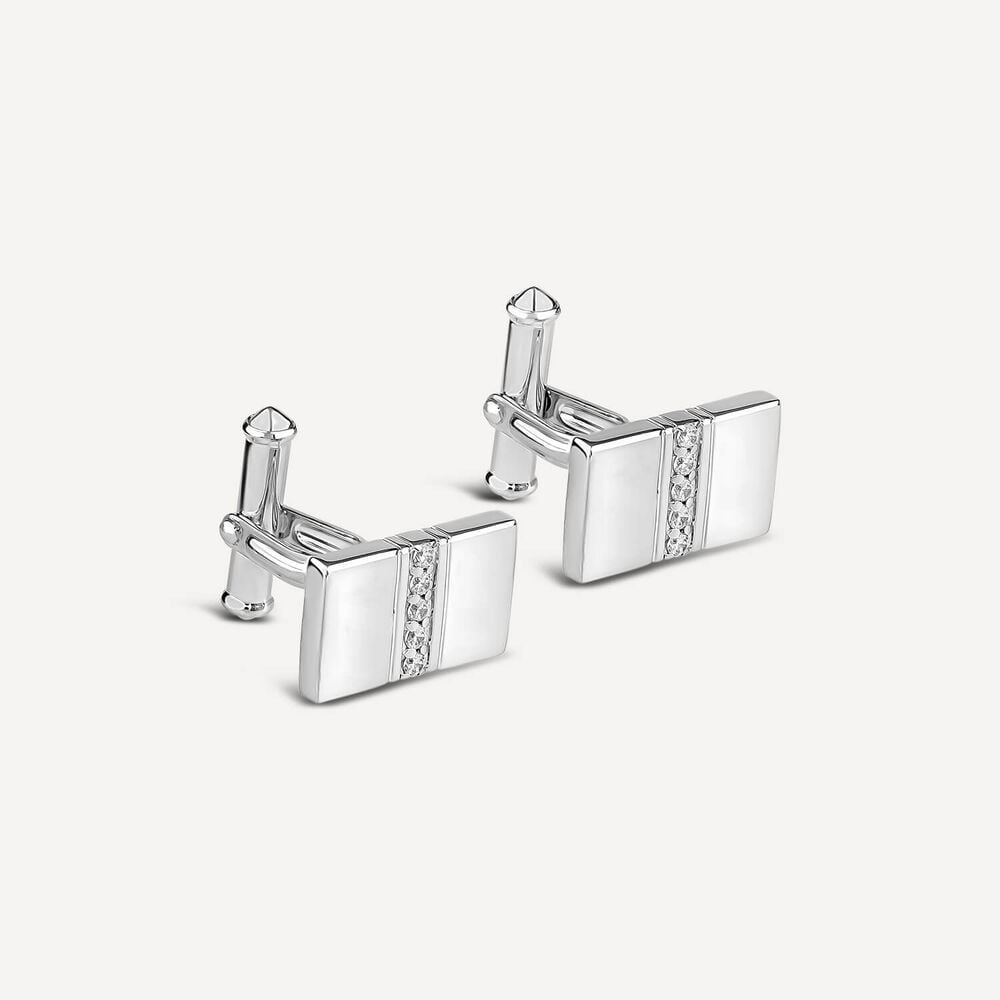 Sterling Silver Rectangular Cubic Zirconia Four Line Centre Cufflinks image number 1