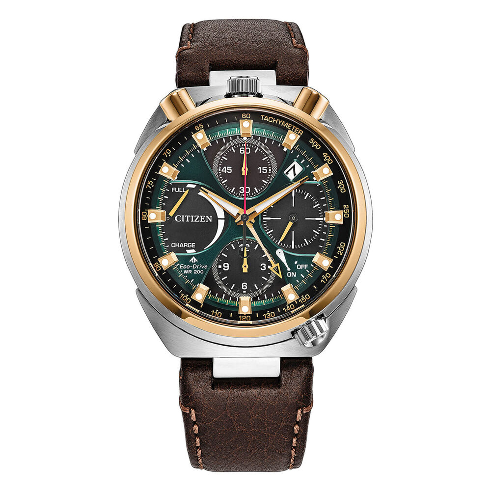 Citizen Promaster Bullhead Racing Chronograph 45mm Green Dial Brown Leather Strap Watch