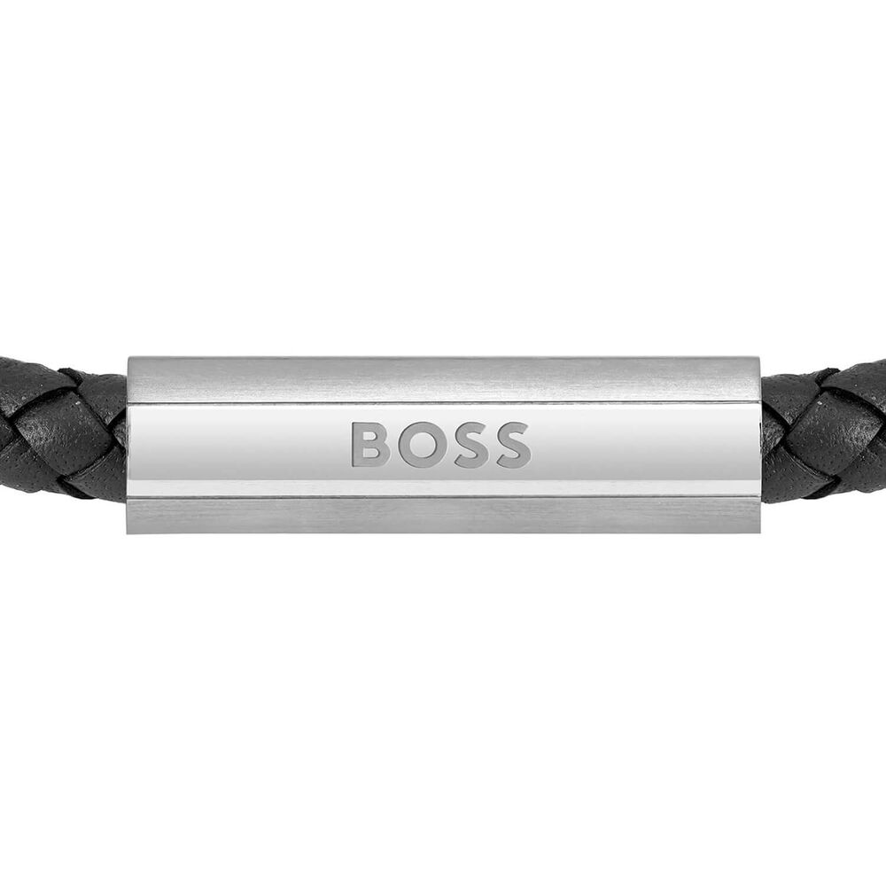 BOSS Braided Black Leather Mens Bracelet image number 1