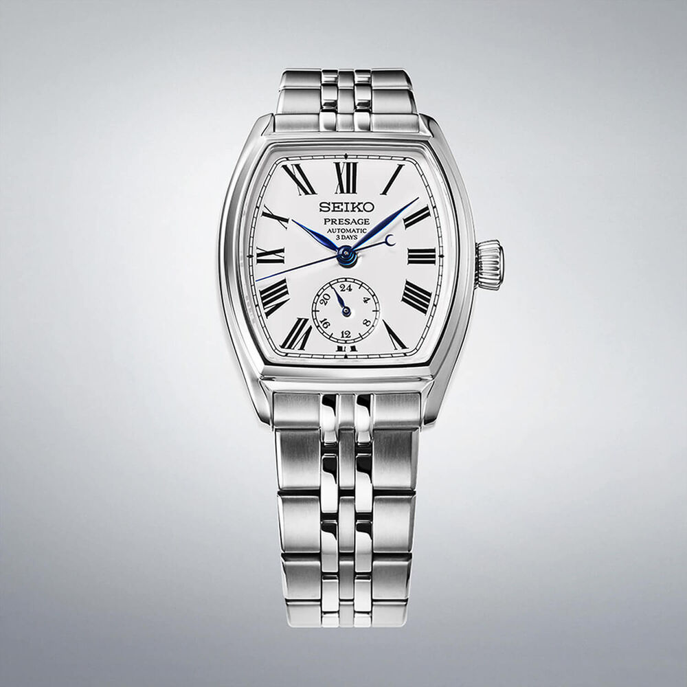 Seiko Presage Classic Series Enamel &lsquo;Tonneau&rsquo; 36mm White Dial Steel Bracelet Watch