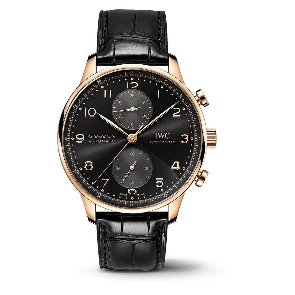 IWC Schaffhausen Portugieser Chronograph 42mm Black Dial 18ct 5N Gold Case Leather Watch image number 0