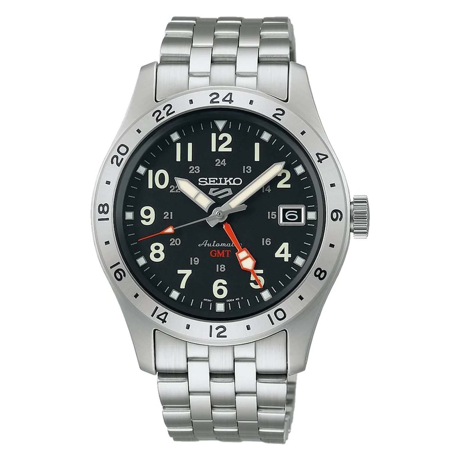 Seiko 5 Sports Field Deploy Mechanical GMT 39.4mm Black Dial Steel Bracelet Watch