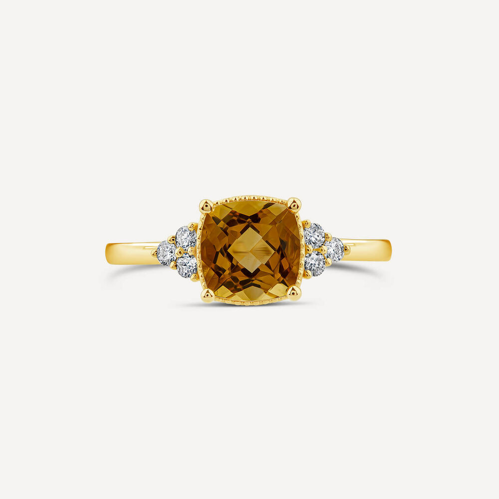 9ct Yellow Gold Cushion Citrine & 0.13ct Diamond Trefoil Sides Ring