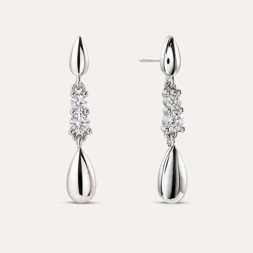 9ct White Gold Double Cubic Zirconia Polished Tears Drop Earrings