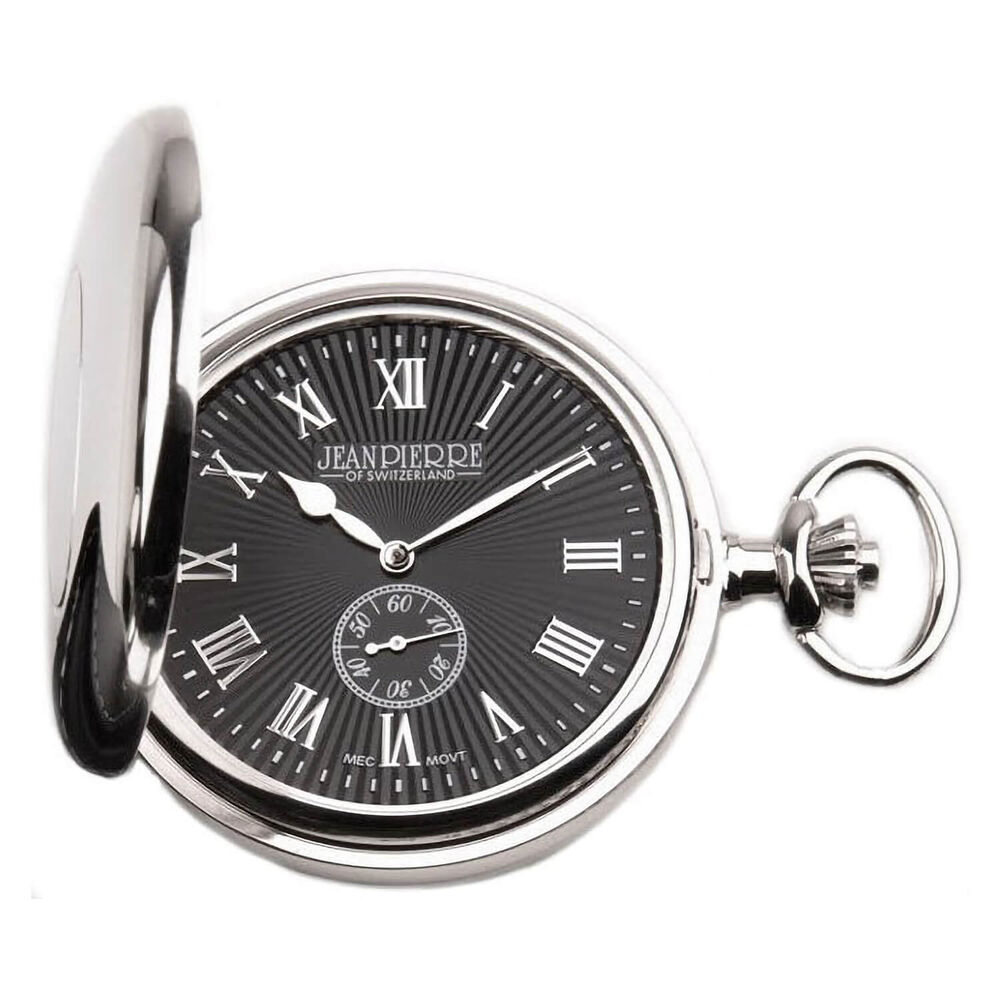 Jean Pierre Full Hunter Chrome Plated Black Dial Pocket Watch