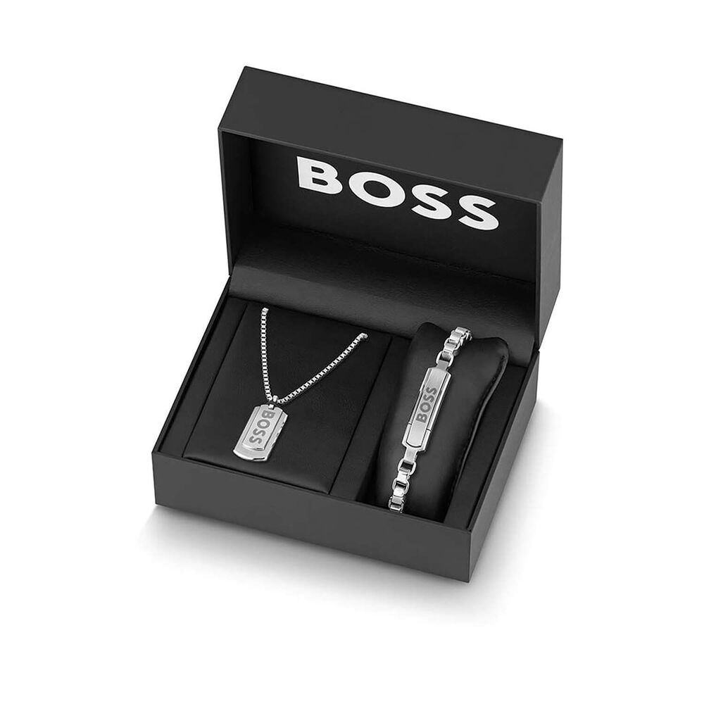 BOSS Devon Stainless Steel Tag Pendant & Bracelet Set image number 1