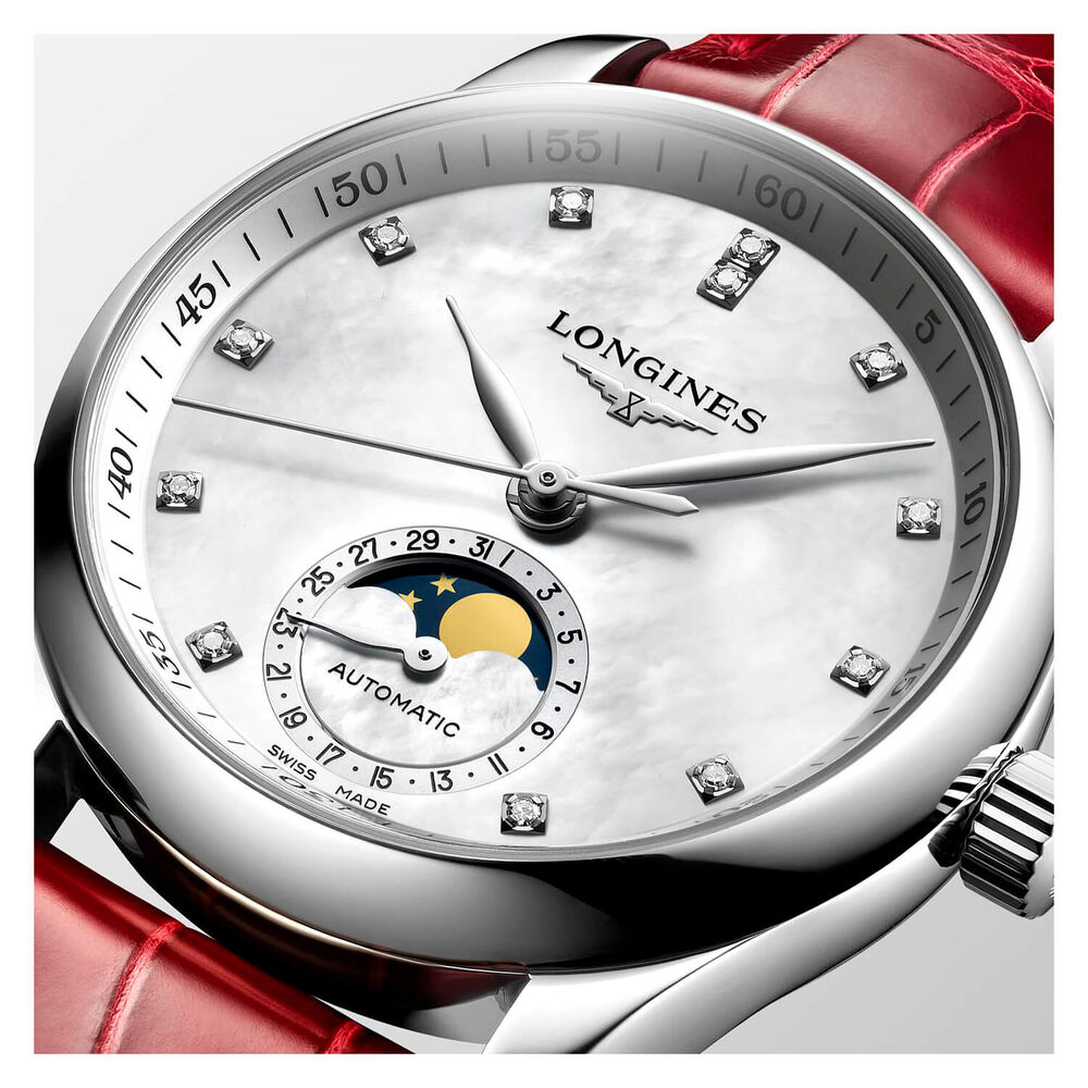 Longines Master Collection Moonphase 34MM Mop Dial Steel Case Red Watch image number 3