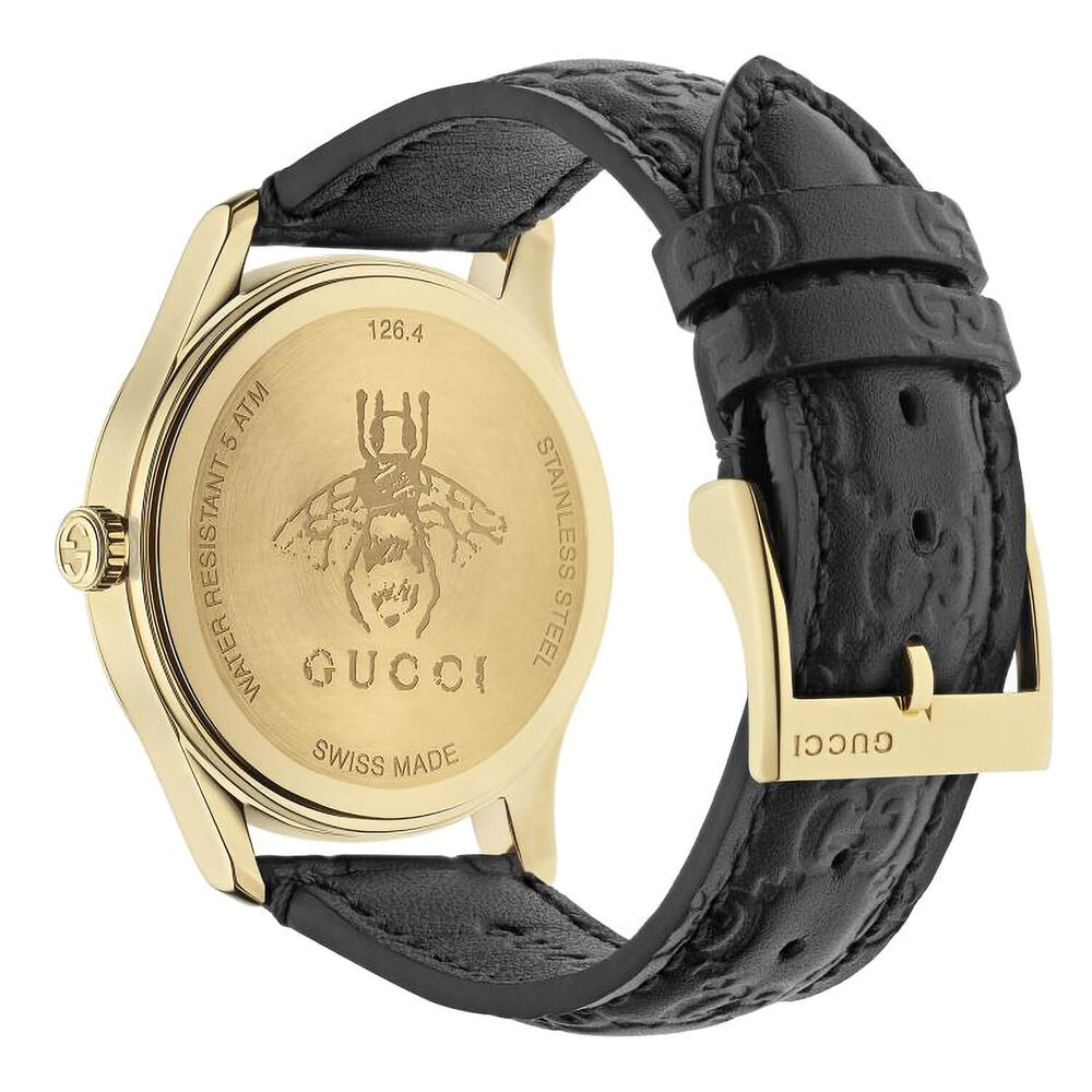 Gucci G-Timeless 38mm Black Dial Yellow Gold PVD Black Strap Watch