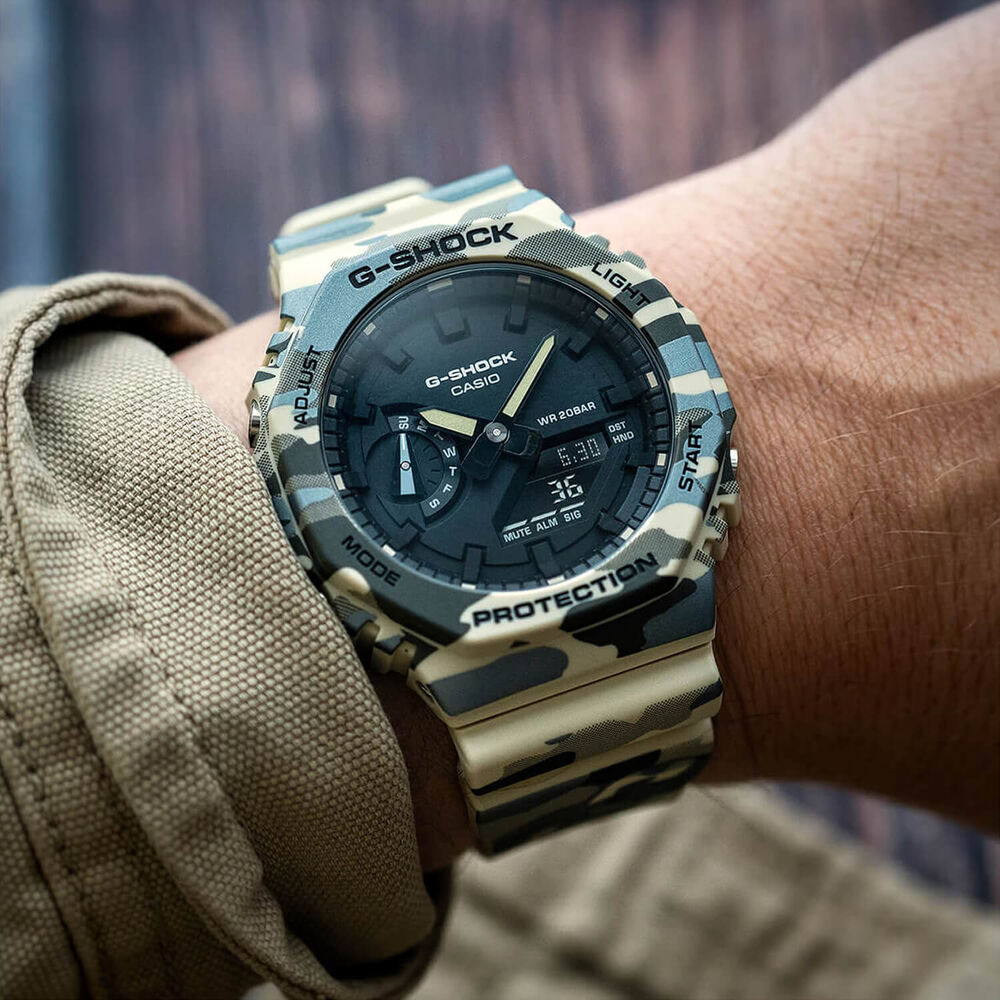 G-SHOCK Classic GA-2100 Series 48.5mm Black Dial Beige & Gray Camouflage Resin Strap Watch