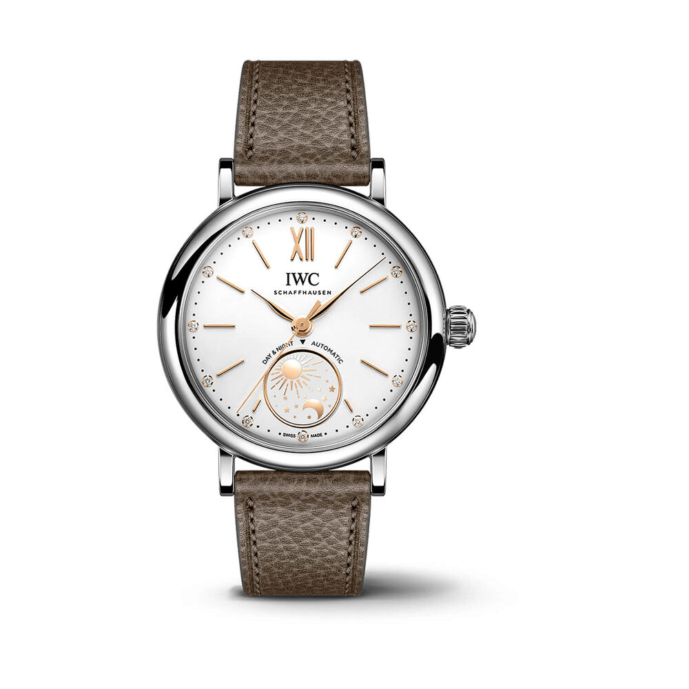 IWC Schaffhausen Portofino Automatic Day & Night 34mm White Dial Taupe Leather Strap Watch image number 0
