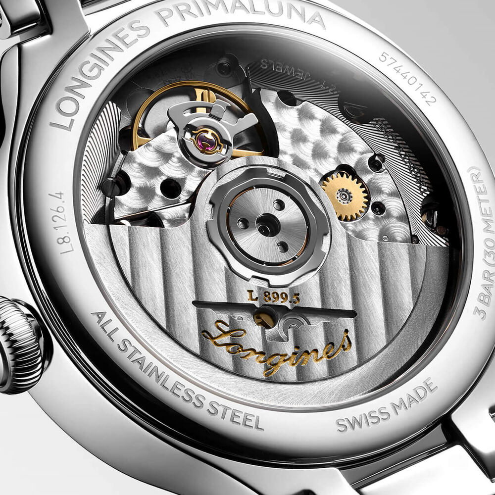 Longines Elegance Primaluna 34mm Moonphase Silver Dial Blue Leather Strap Watch image number 4