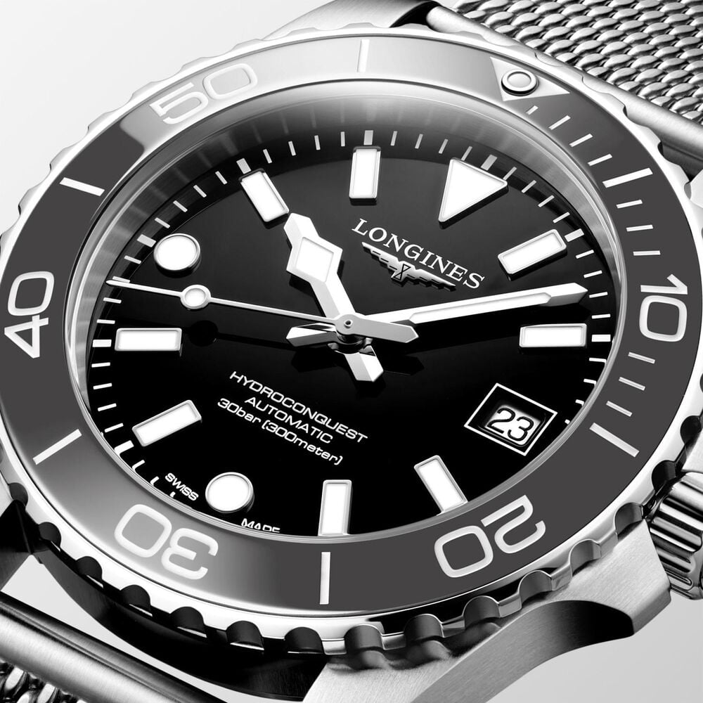Longines HydroConquest 39mm Black Dial & Bezel Steel Mesh Bracelet Watch