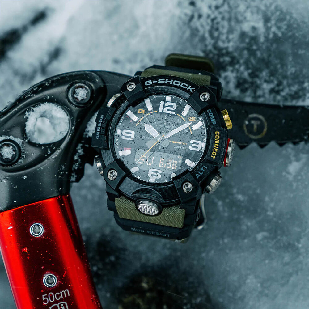 G-SHOCK Master of G Mudmaster 55.4mm Carbon Fibre Bezel & Olive Green Resin Strap Watch