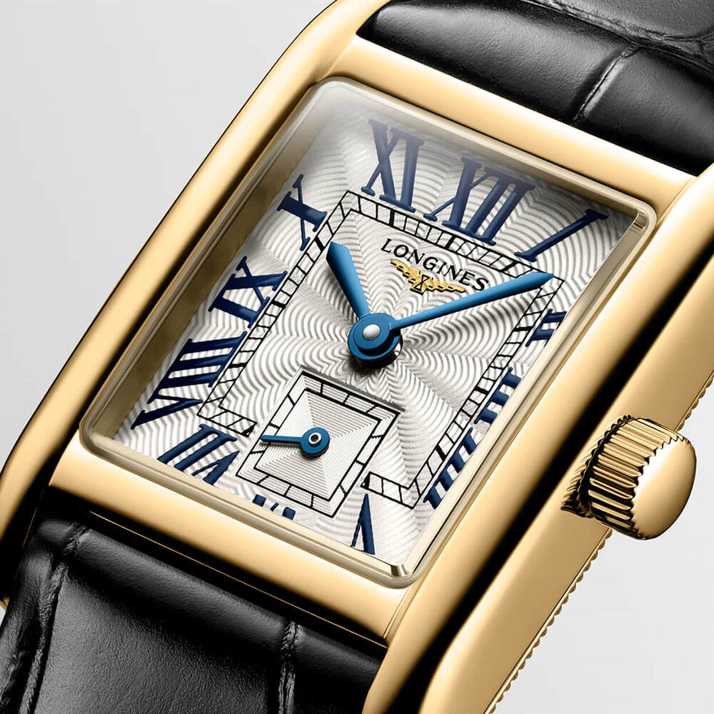 Longines MiniDolcevita 21.5x29mm Silver Dial 18k Yellow Gold Case Black Leather Strap Watch image number 4