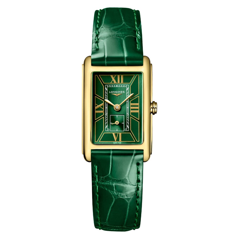 Longines DolceVita 20.50x32mm Green Dial 18ct Yellow Gold Case Alligator Strap Watch