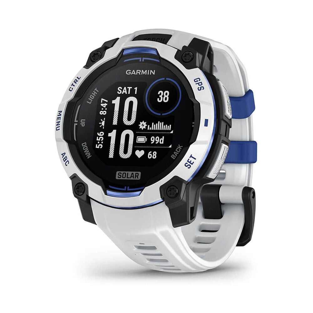 Garmin Instinct 3 45mm Solar Whitestone Bezel Whitestone & Bolt Blue Silicone Strap Watch image number 0