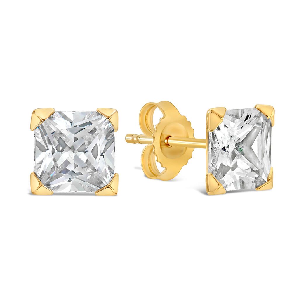 9ct Yellow Gold 6MM Princess Cut Cubic Zirconia Stud Earrings image number 1